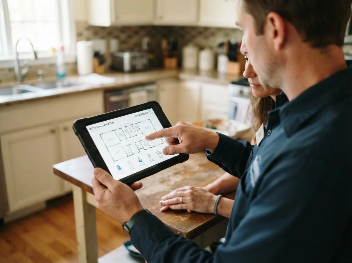 Water damage restoration technician inspecting a home in Fieldon, IL